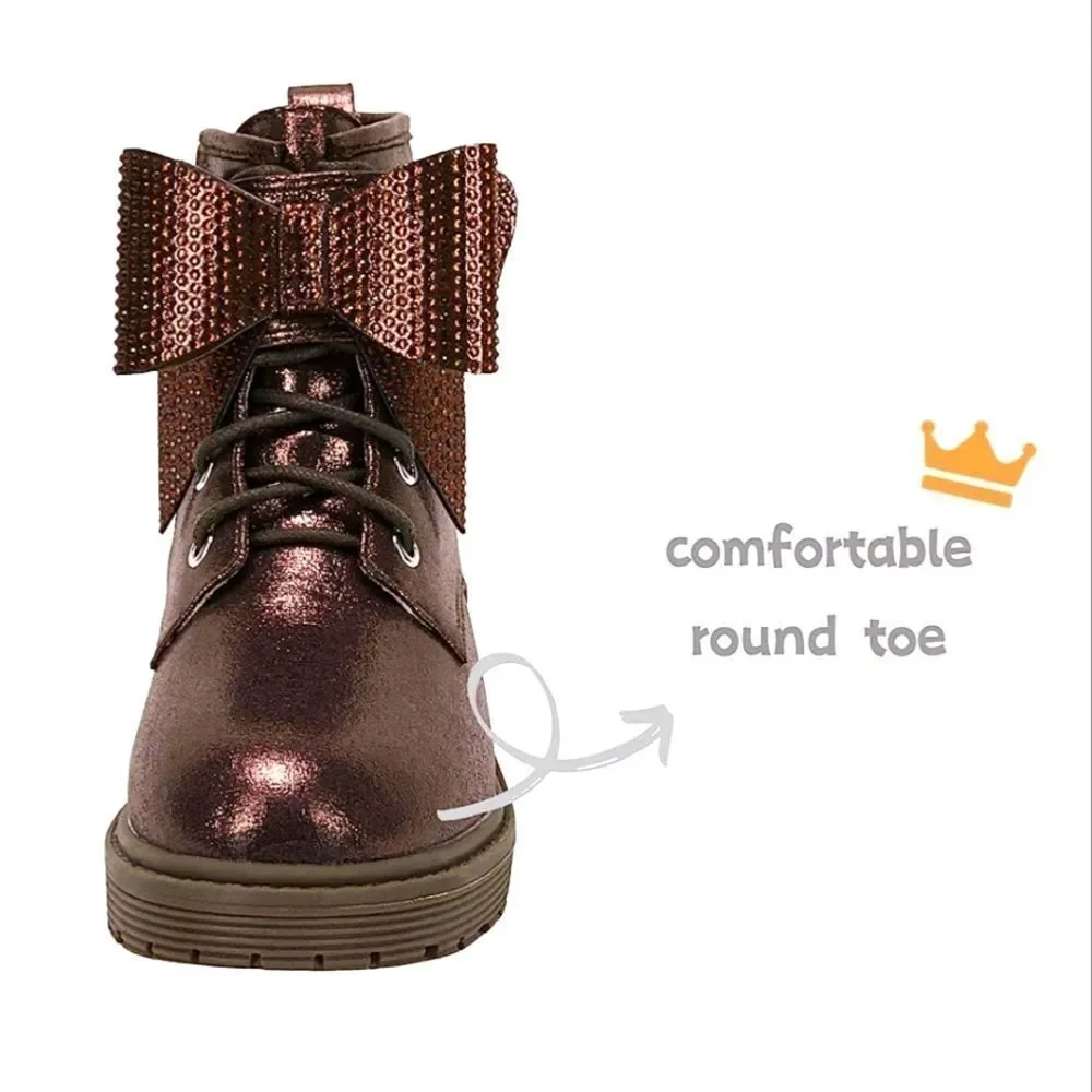 (7-4312)  ZBY Girls Glitter Ankle Boots Platform Rhinestone Bowtie Sz 4